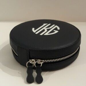 Mark & Graham Zip Travel Jewelry Case Faux Leather Round Navy w/ Monogram